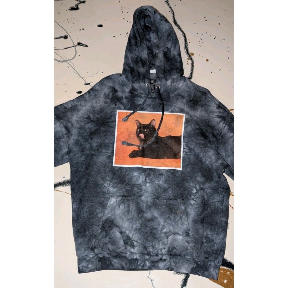Forever 21 Black Abstract Tie Dye Hoodie Hooded Sweatshirt Black Cat Size S